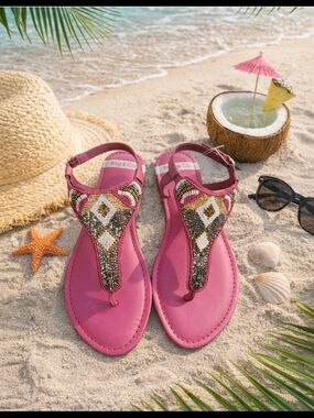 Rag & Co Pink Beaded T-Bar Sandals. NIB Size 9.5